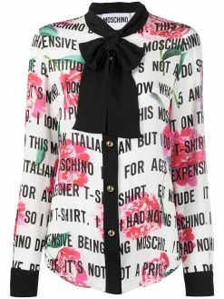 Moschino slogan print pussy-bow blouse