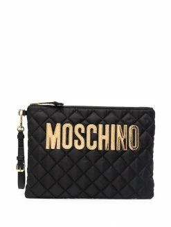 Moschino logo-plaque diamond-quilt clutch bag
