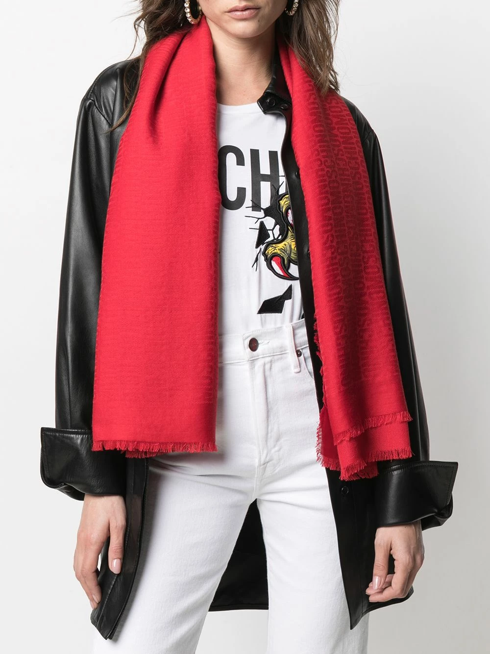 Buy ๐ Moschino Logo print fringed edge scarf ๐ 4 Moschino logo-print fringed-edge scarf