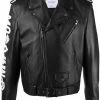 Moschino logo embroidered leather biker jacket