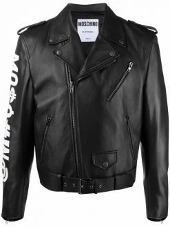 Moschino logo embroidered leather biker jacket