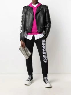 Moschino logo embroidered leather biker jacket