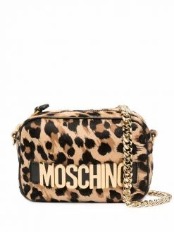 Moschino logo-lettering leopard-print camera bag