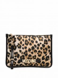 Moschino logo lettering leopard-print clutch bag