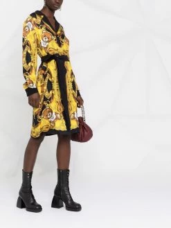 Moschino Teddy-print silk shirt dress