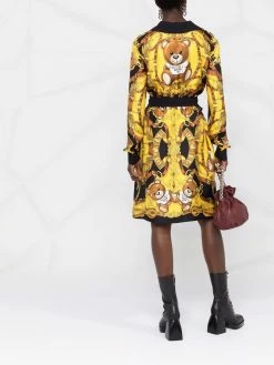 Moschino Teddy-print silk shirt dress
