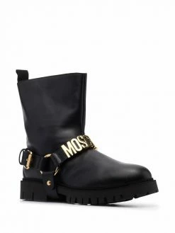 Moschino logo-lettered stirrup-detail biker boots