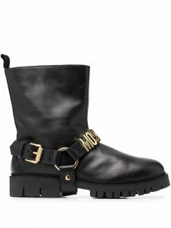 Moschino logo-lettered stirrup-detail biker boots