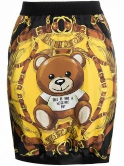 Moschino Bear logo print fitted silk skirt