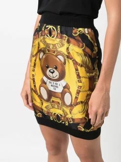 Moschino Bear logo print fitted silk skirt