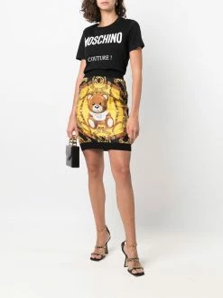 Moschino Bear logo print fitted silk skirt