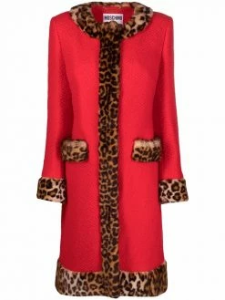 Moschino leopard-print trim single-breasted coat
