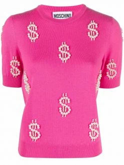 Moschino pearls dollar embroidered knitted top