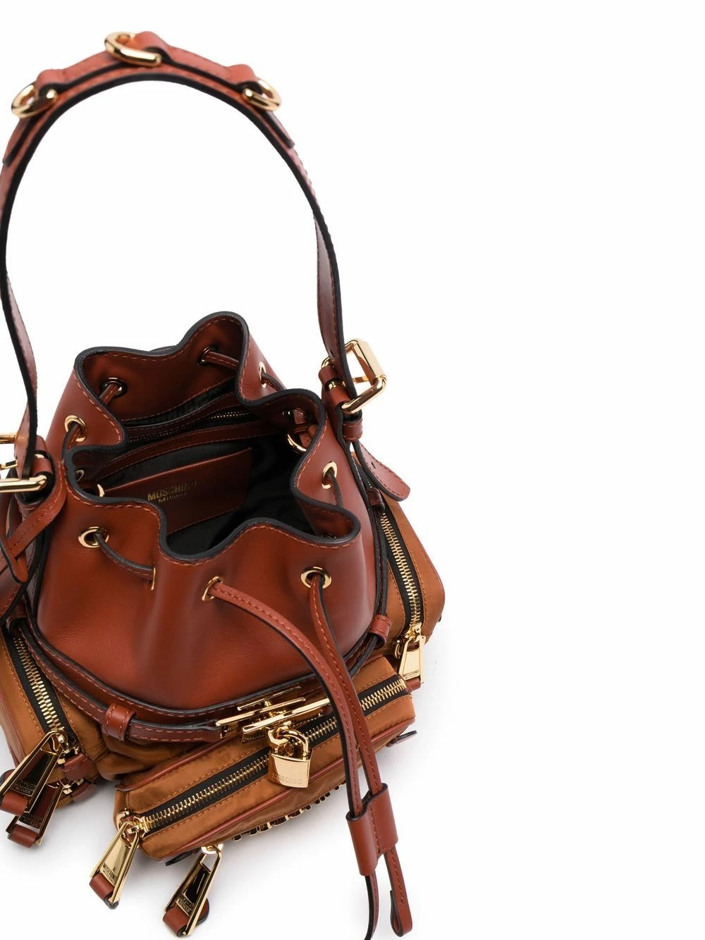 Cheapest ๐ Moschino Logo plaque drawstring shoulder bag โจ 7 Moschino logo-plaque drawstring shoulder bag