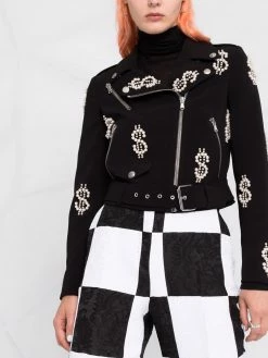 Moschino dollar sign pearl-embellished biker jacket