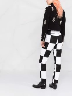 Moschino dollar sign pearl-embellished biker jacket