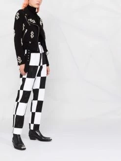 Moschino dollar sign pearl-embellished biker jacket