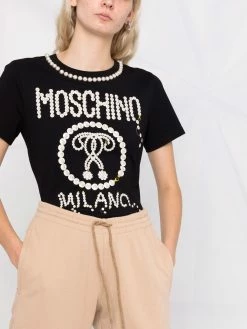 Moschino logo-print pearl-embellished T-shirt