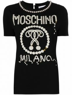 Moschino logo-print pearl-embellished T-shirt