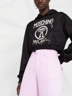 Moschino pearl logo-print cropped hoodie