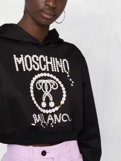 Moschino pearl logo-print cropped hoodie