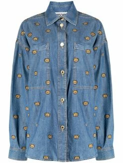 Moschino bear-embroidered denim shirt