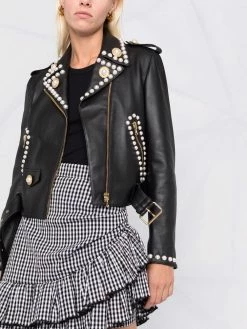 Moschino Double Question Mark faux-pearl biker jacket