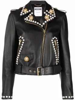 Moschino Double Question Mark faux-pearl biker jacket