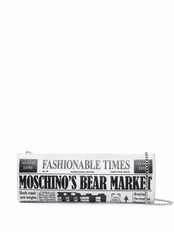 Moschino logo newspaper-print clutch bag