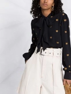 Moschino Teddy Bear-embroidered pussy bow blouse