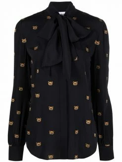 Moschino Teddy Bear-embroidered pussy bow blouse