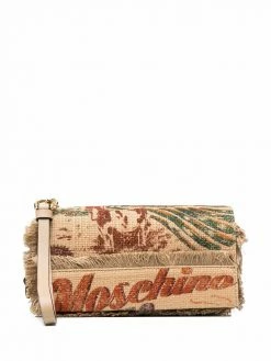 Moschino logo-print woven clutch bag