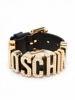 Moschino pearl-detail logo leather bracelet