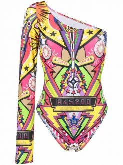 Moschino graphic-print one-shoulder swimsuit
